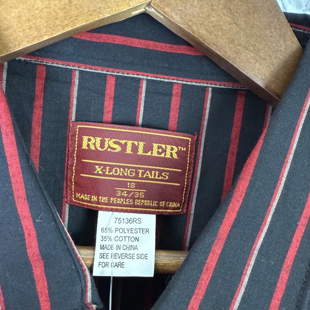 Wrangle Rustler Black & Red Striped Pearl Snap Western Shirt Mens 18 X-Long Tail - Picture 4 of 8